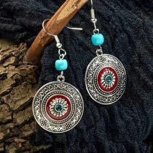 Boho Western Chic Dangle Drop Earrings Pierced Antique Silver Red Turquoise